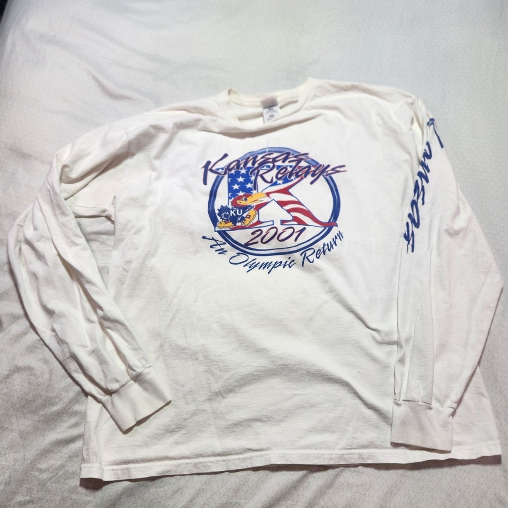 Vintage 2001 Kansas Relays KU Jayhawks Long Sleeve Shirt XXL White Fruit of the